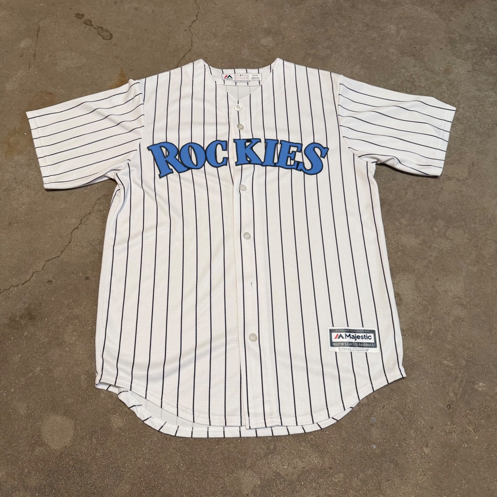 Majestic Colorado Rockies Jersey Mens Small White Pinstripe MLB Cool Base